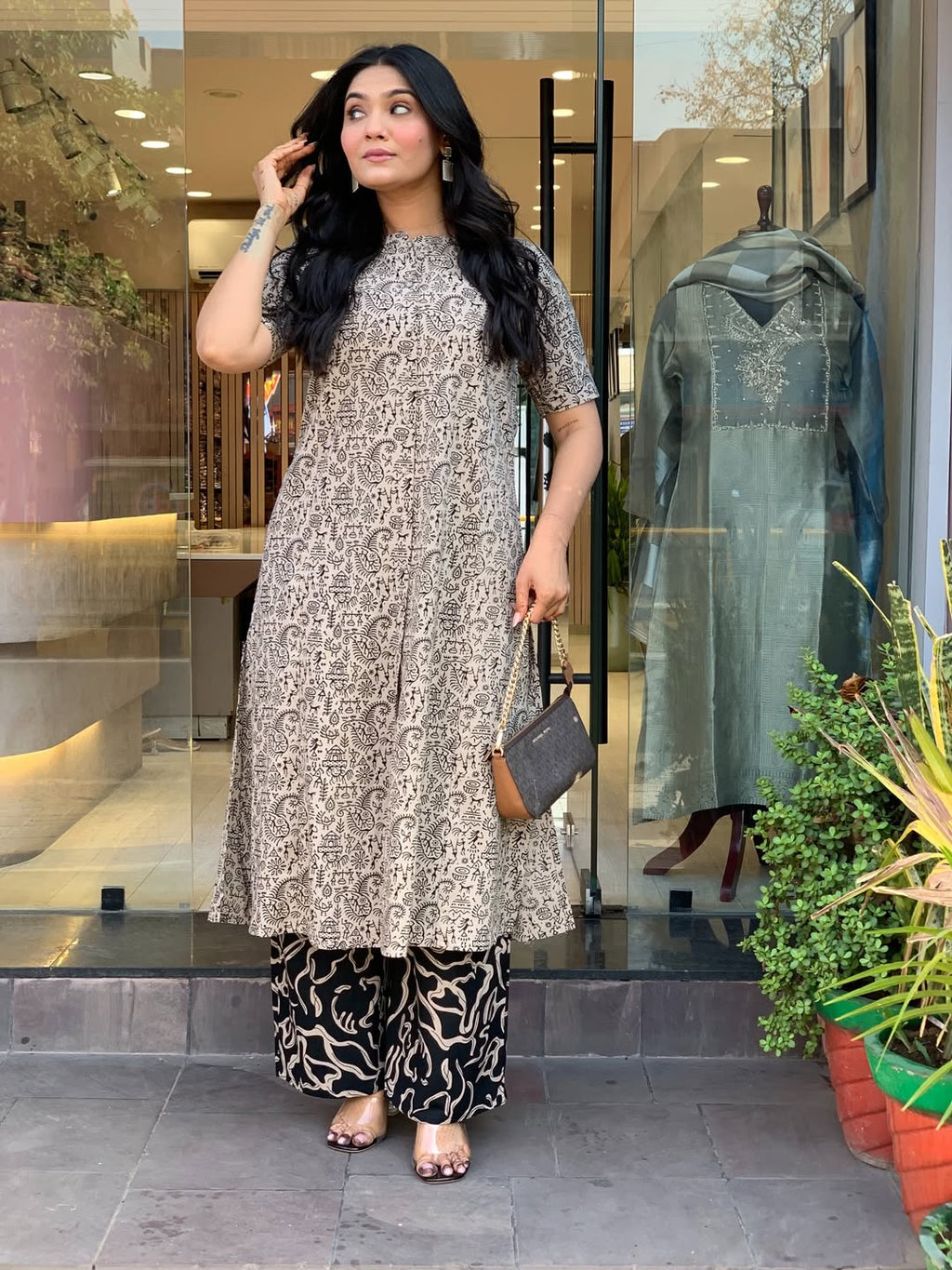 Women’s Beige Printed Kurta Palazzo Co-Ord Set | Elegant Ethnic Wear