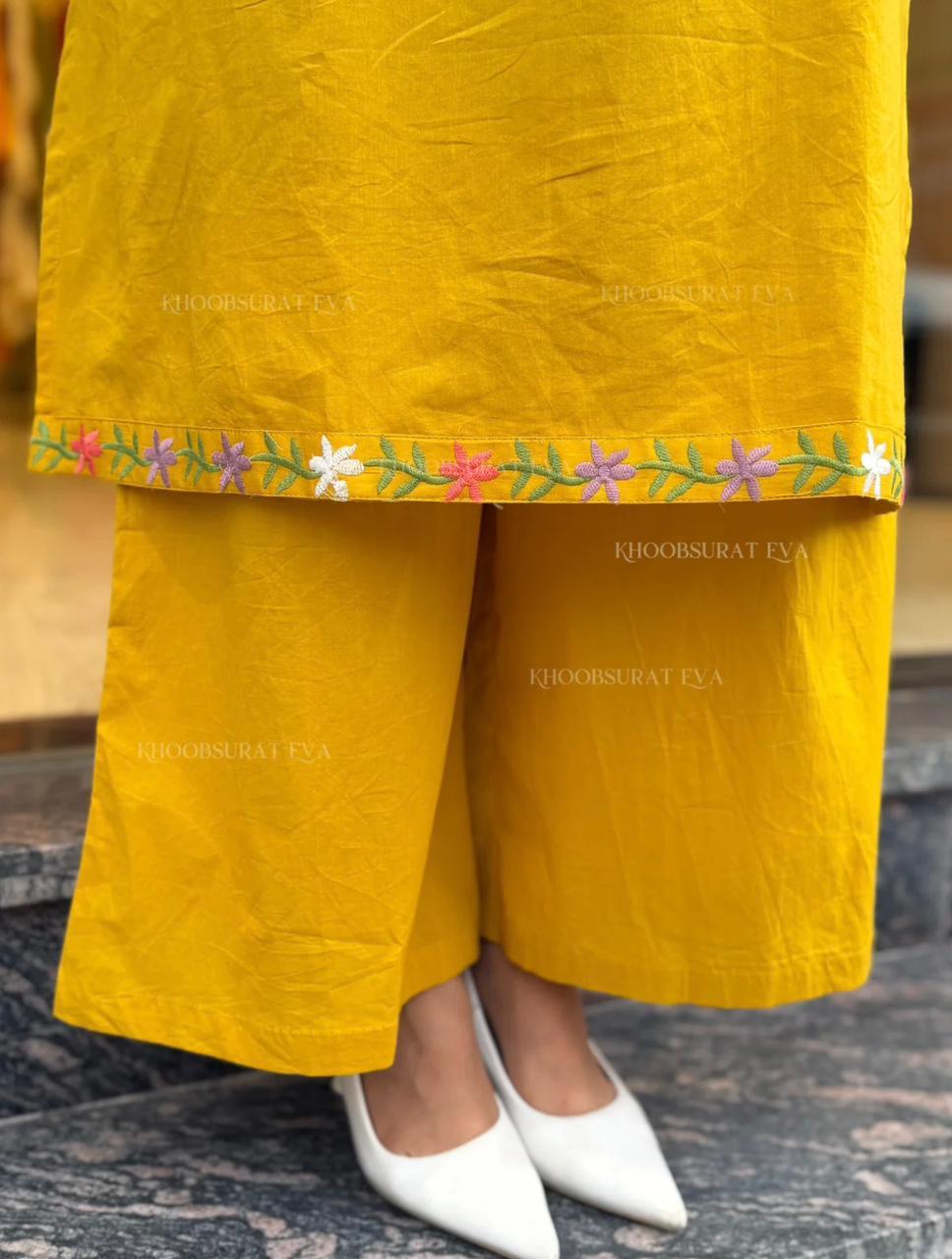 Premium Mustard Yellow Floral Embroidered Cotton Kurti for Women | Elegant Ethnic Daily Wear
