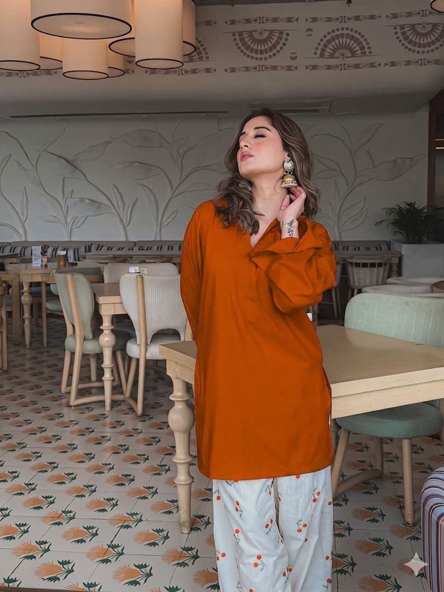 Elegant brown V-Neck Kurti with Embroidered Cotton Farshi Pant Set for Women