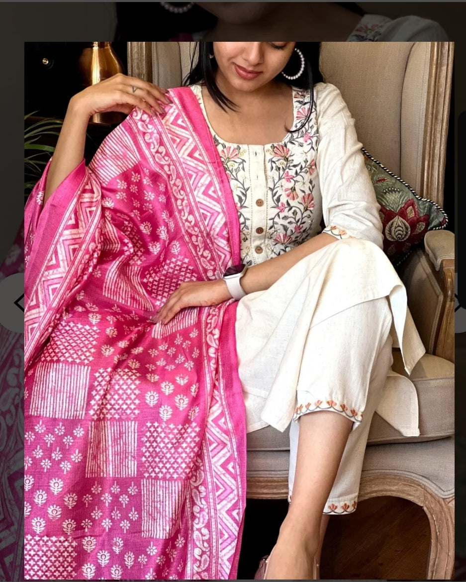 Embroidered Khadi Cotton Kurta Set