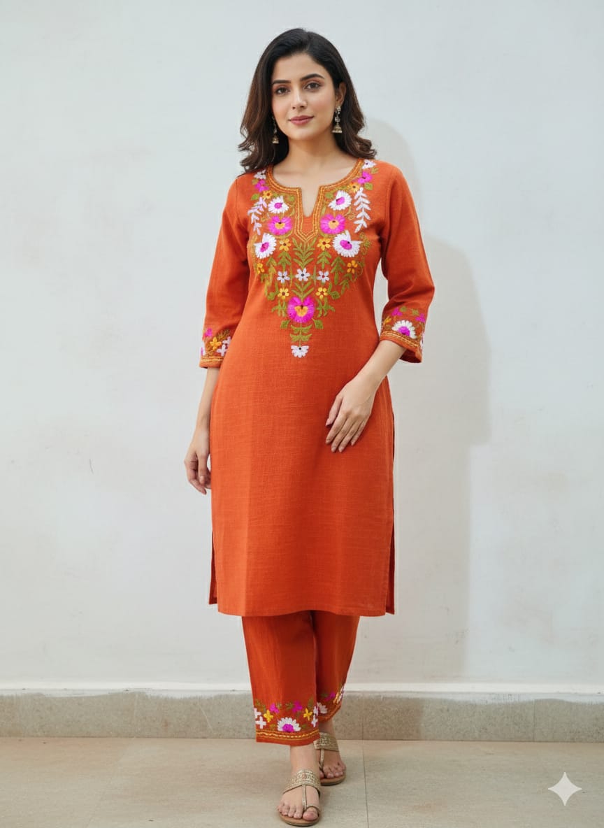 Elegant Rust Orange Floral Embroidered Kurti Pant Set