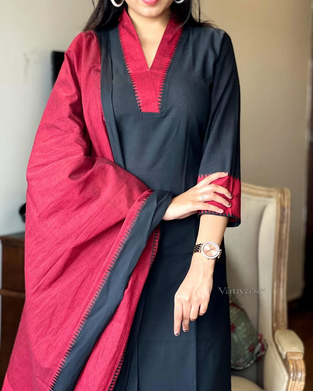 Premium Red and Black 🖤 South Cotton Handloom Kurti Set 🌸