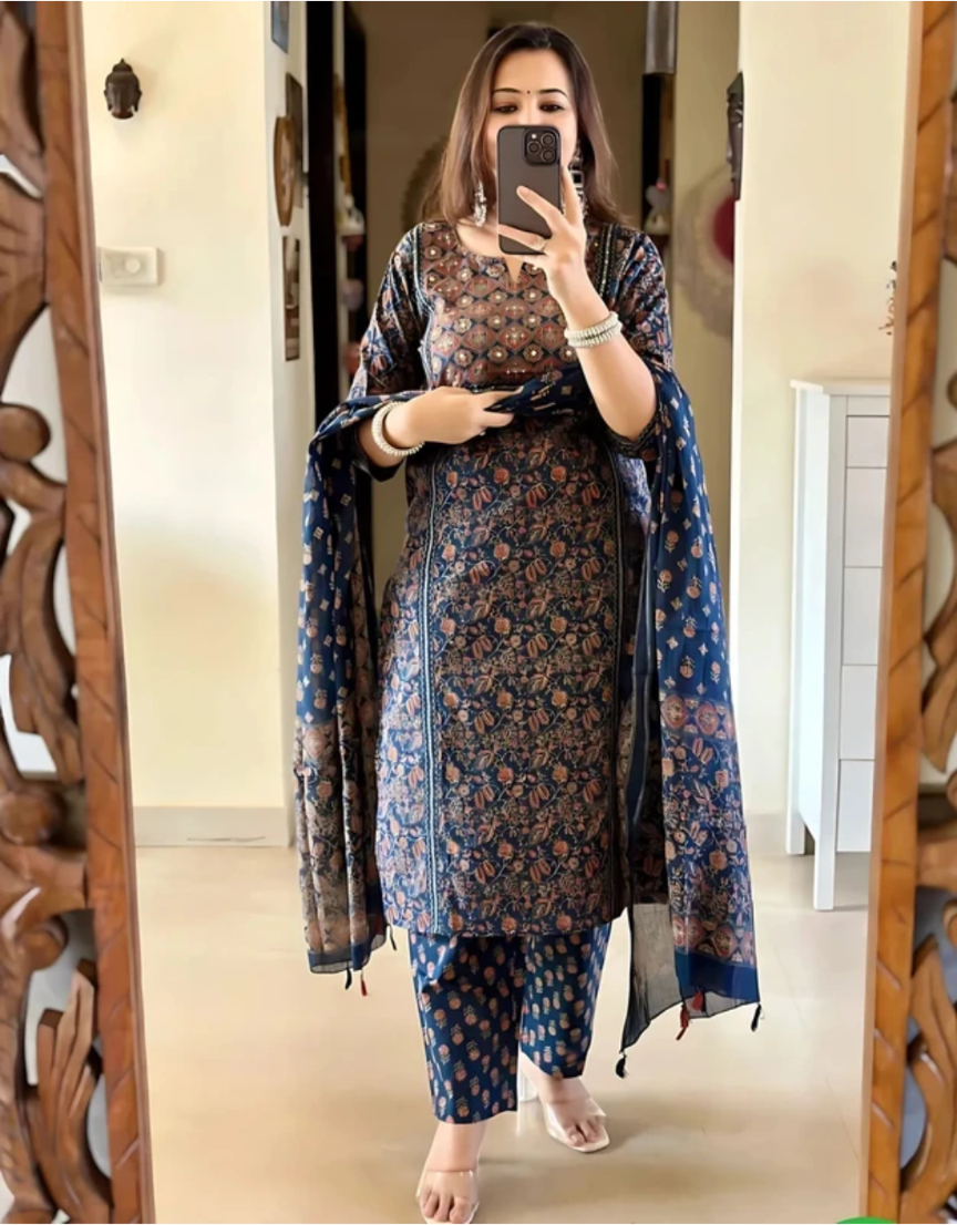 Pure Cotton Ajrakh Printed Kurti Pant Dupatta Set 💙