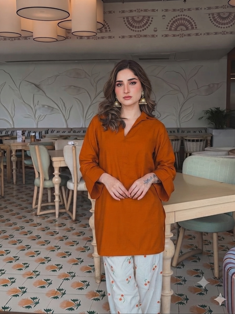 Elegant brown V-Neck Kurti with Embroidered Cotton Farshi Pant Set for Women