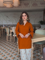 Elegant brown V-Neck Kurti with Embroidered Cotton Farshi Pant Set for Women