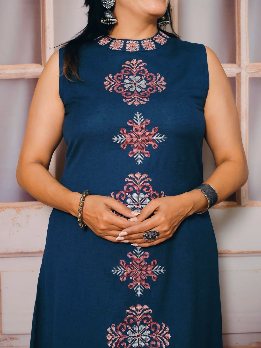 Elegant Blue Embroidered Cotton Slub Co-ord Set