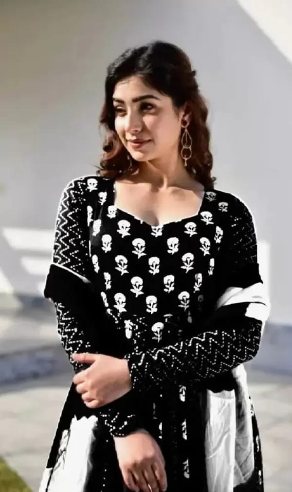 Black Premium Rayon Printed Long Anarkali Kurta Gown, Pant & Dupatta Set
