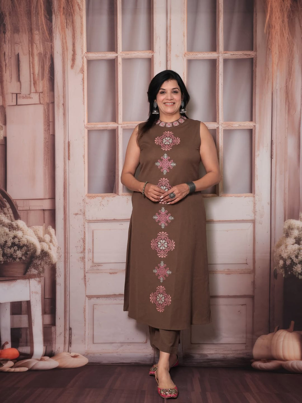 Elegant Coffee Brown Embroidered Cotton Slub Co-ord Set