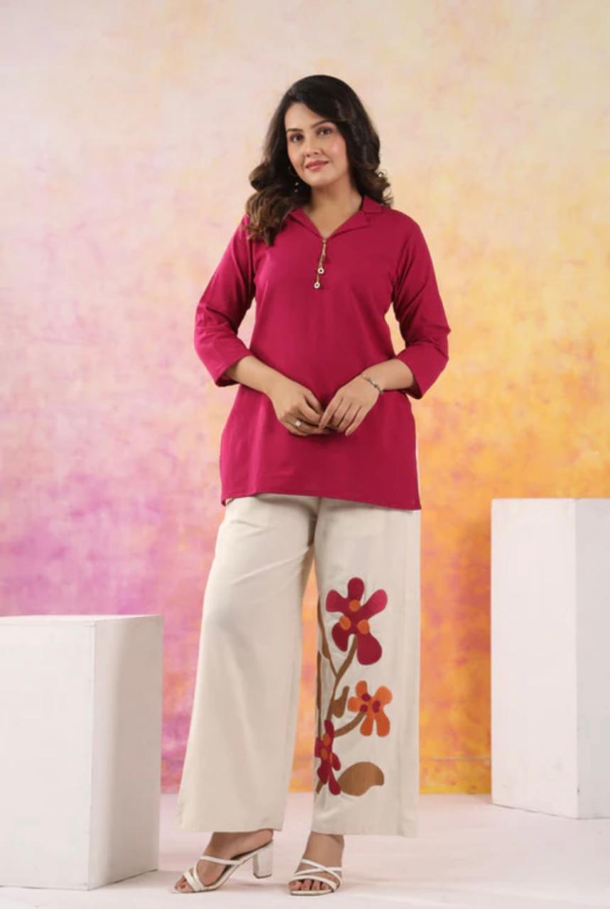 Solid Magenta Tunic with Applique Palazzos