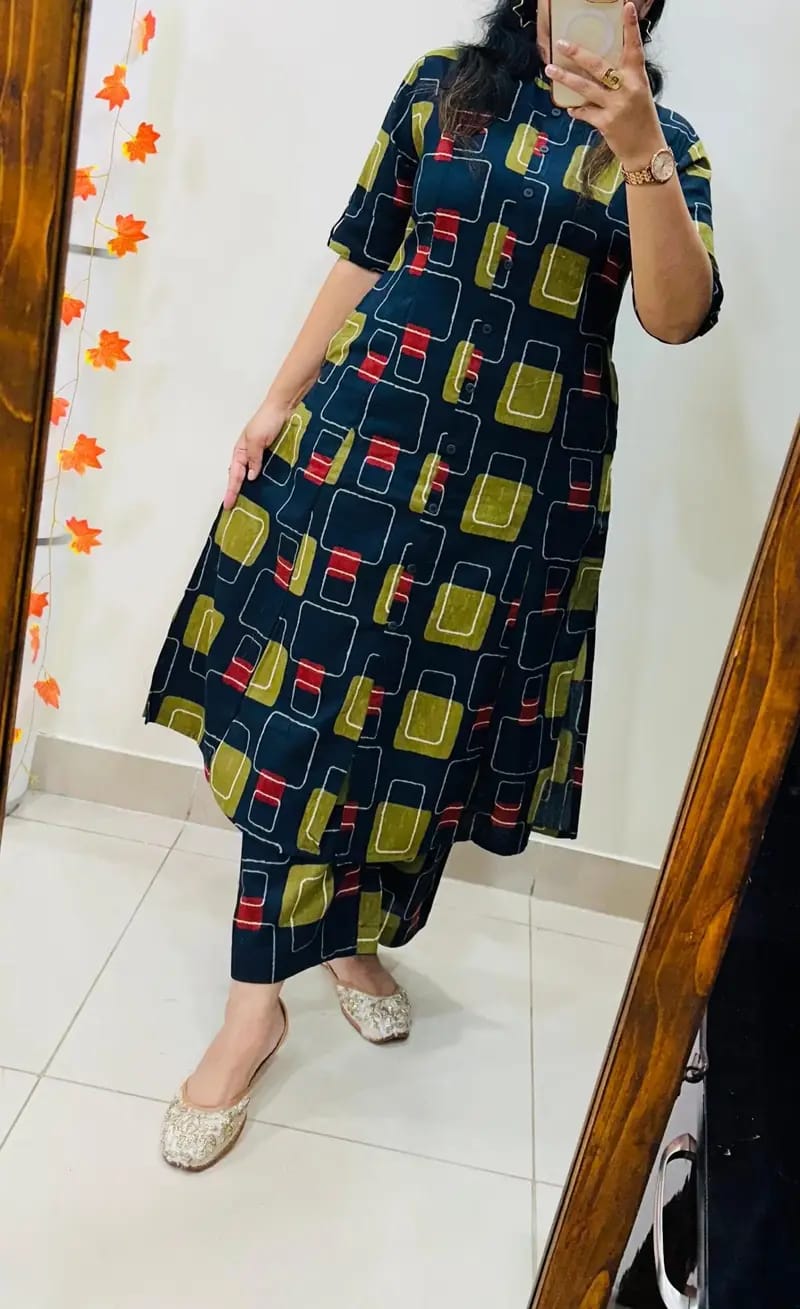 Premium green Floral Fine Cotton Kurti Palazzo Co-ord Set ✨