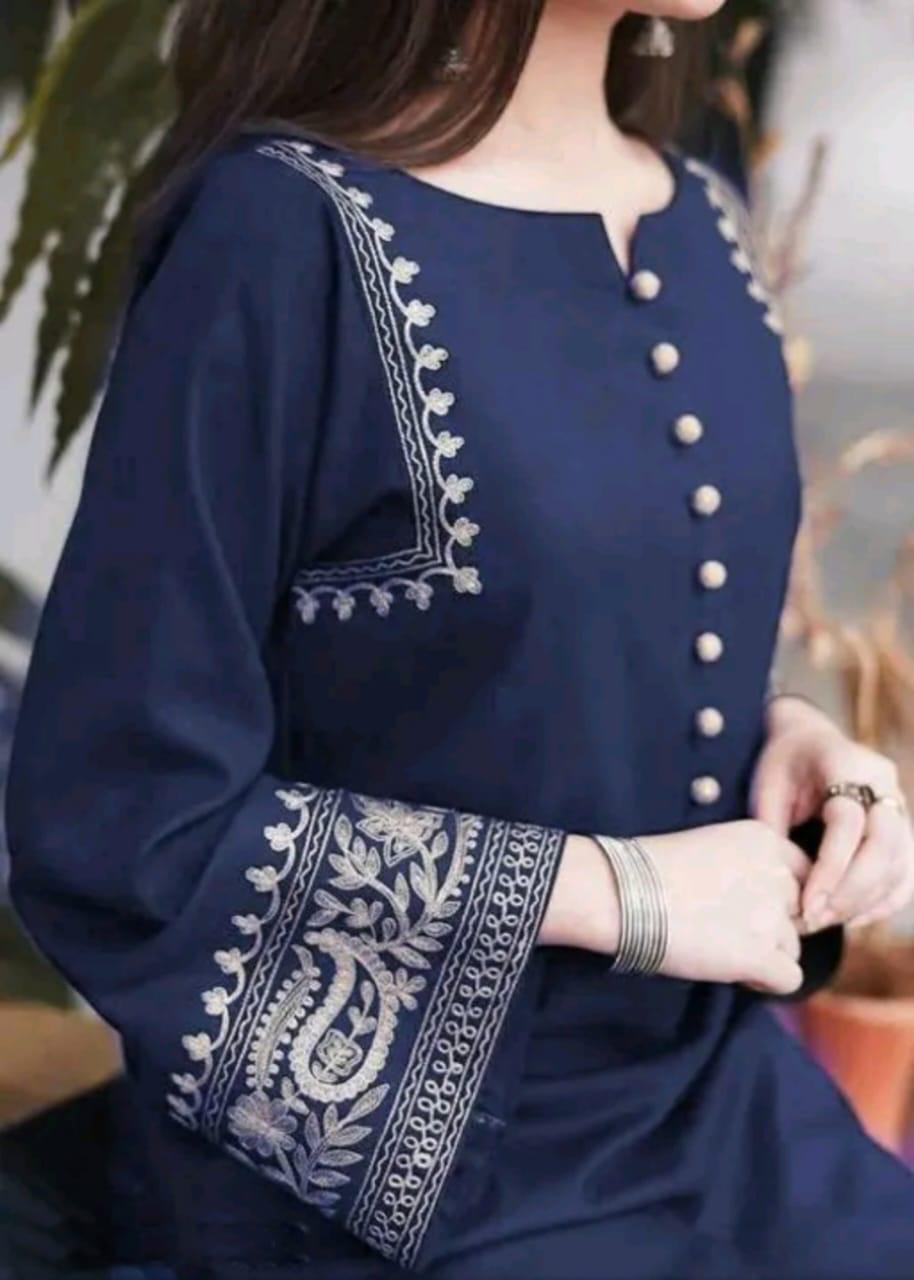 Women’s Blue Embroidered Cotton Kurta Palazzo Set | Elegant Ethnic Wear