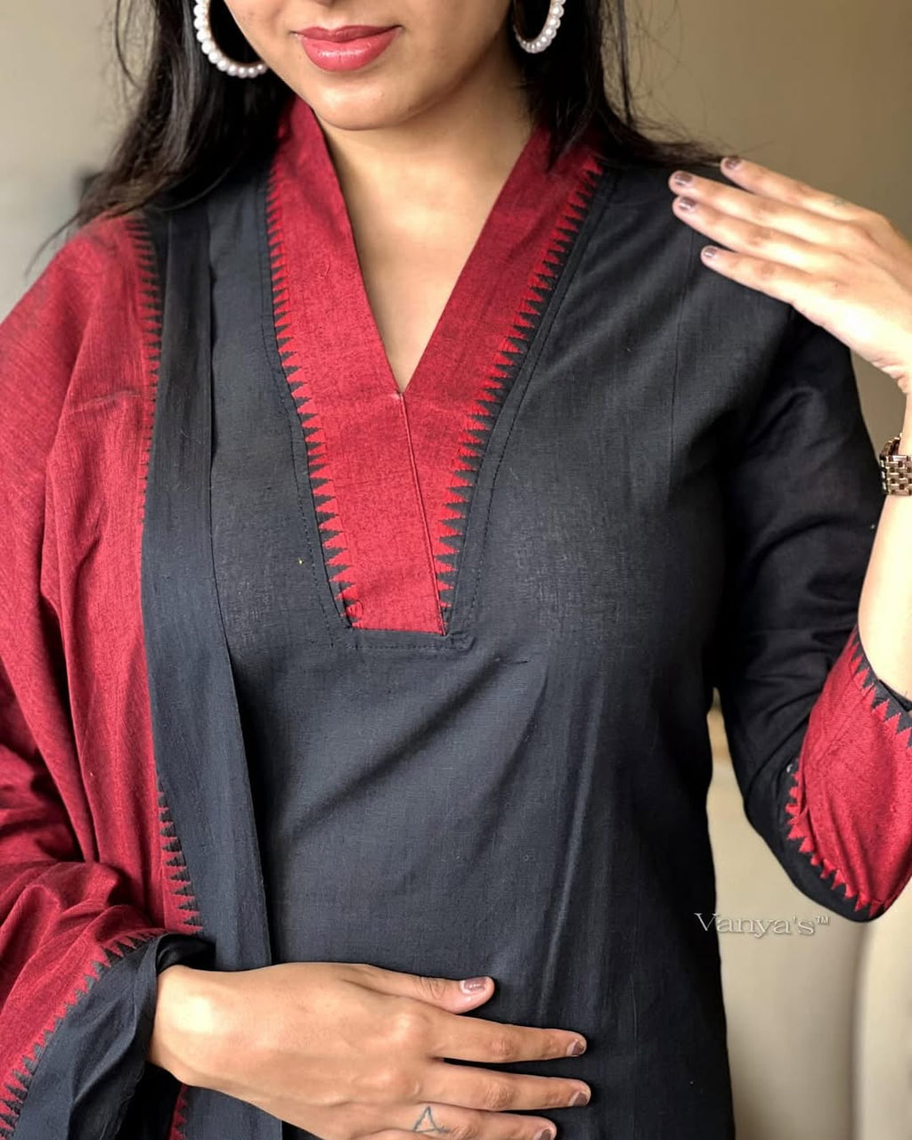 Premium Red and Black 🖤 South Cotton Handloom Kurti Set 🌸