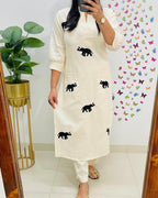 Premium Elephant Embroidered Cotton Flex Co-Ord Set for Women | Ethnic Kurta Pant Set