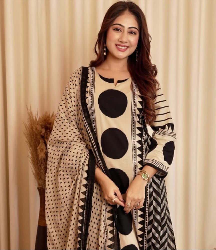 Women's Pure Cotton Abstract Printed Mirror Work kurta & Pant with Dupatta Set | Cotton Kurta Set For Woman
