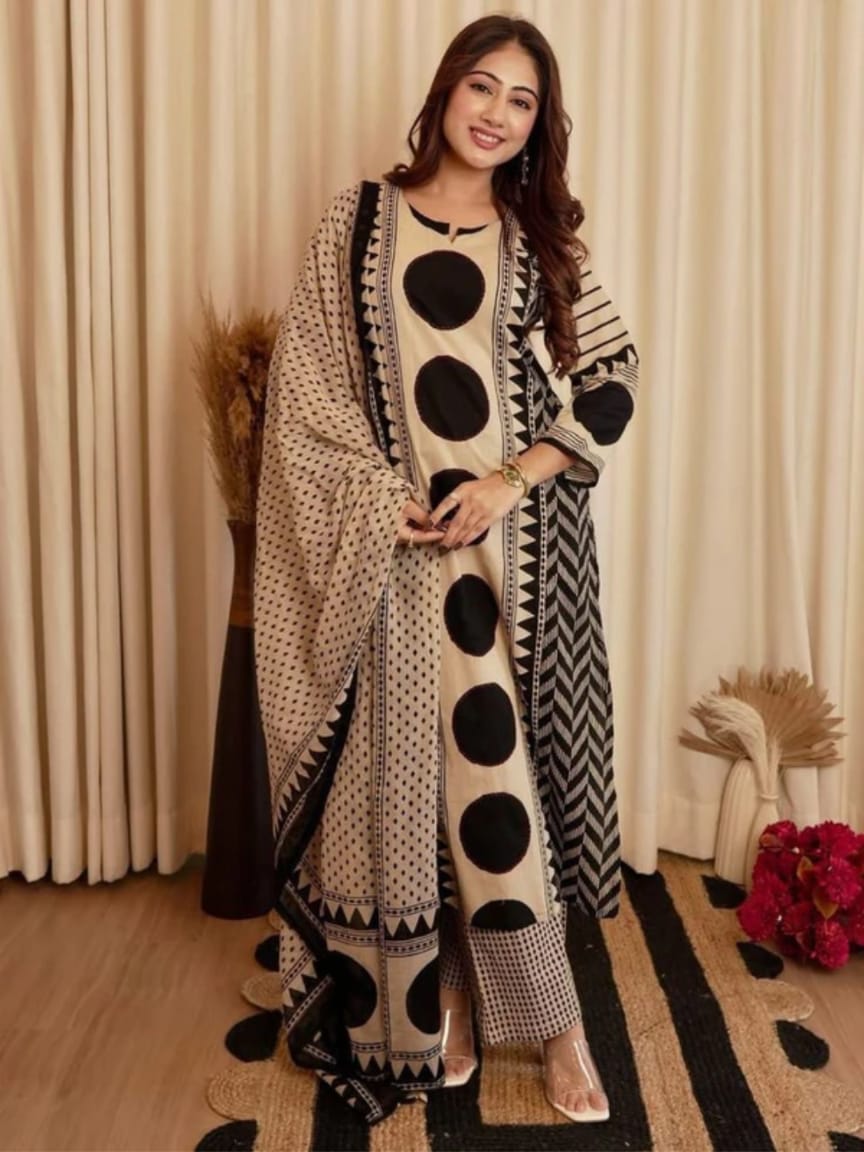 Women's Pure Cotton Abstract Printed Mirror Work kurta & Pant with Dupatta Set | Cotton Kurta Set For Woman