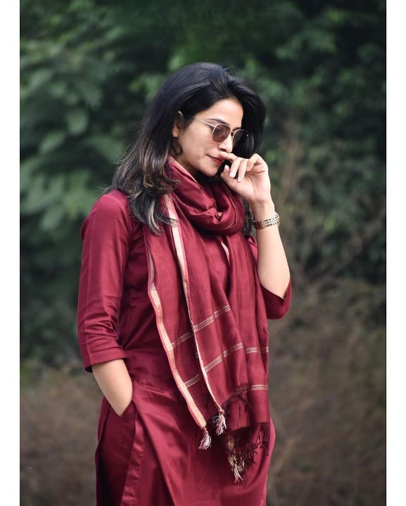 Maroon Solid Co-ord Set with Zari-Border Dupatta