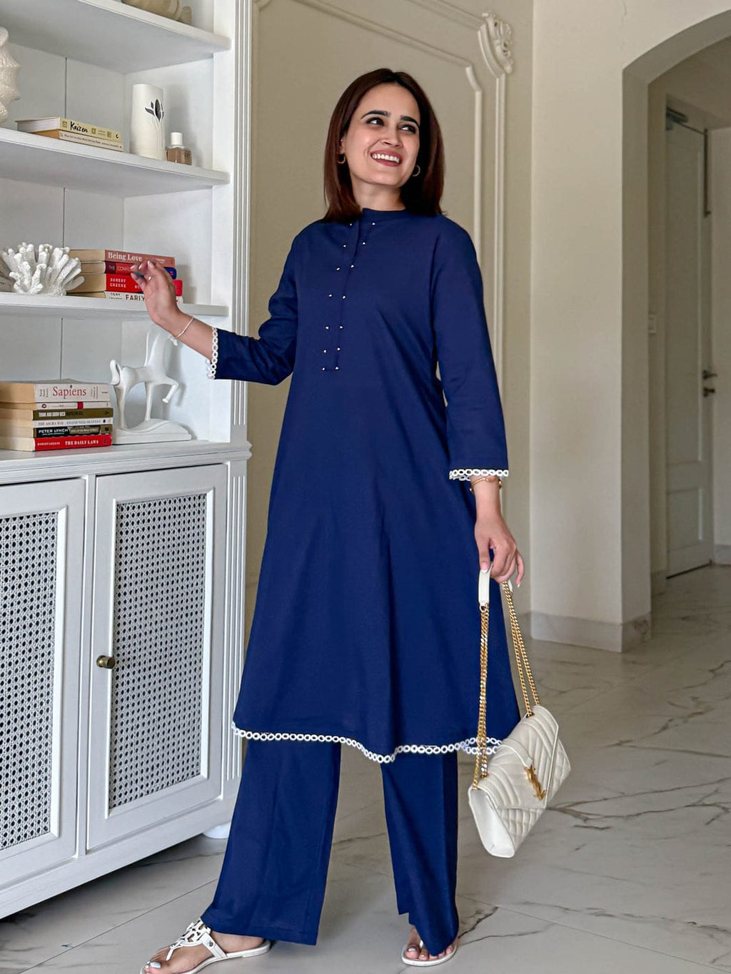 Women’s Navy Blue Straight Cotton Kurta Palazzo Set | Elegant Ethnic Wear