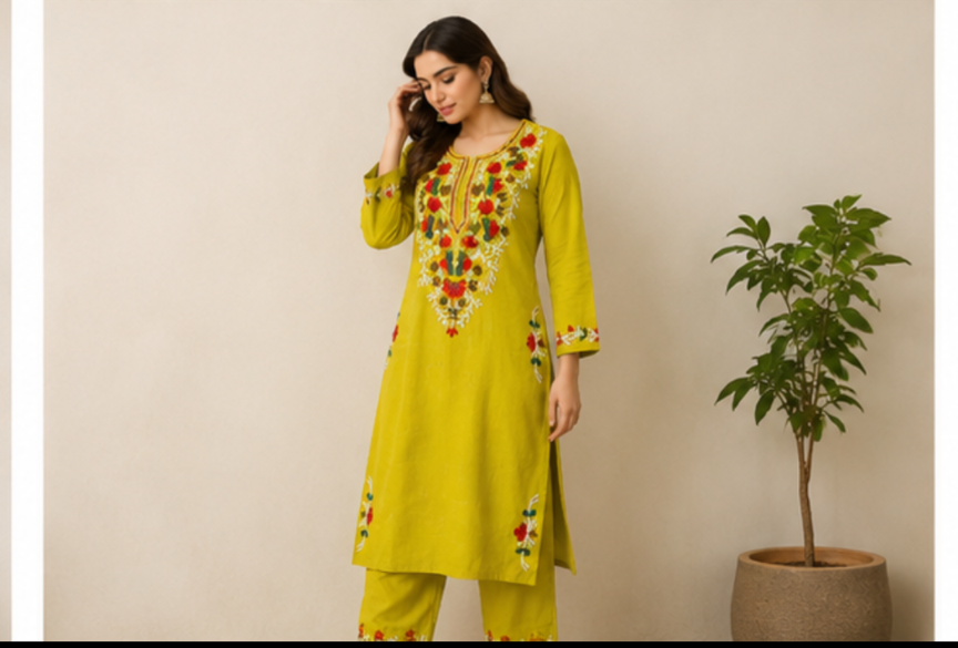 Women’s Lime Yellow Embroidered Cotton Kurta Pant Set | Elegant Ethnic Wear