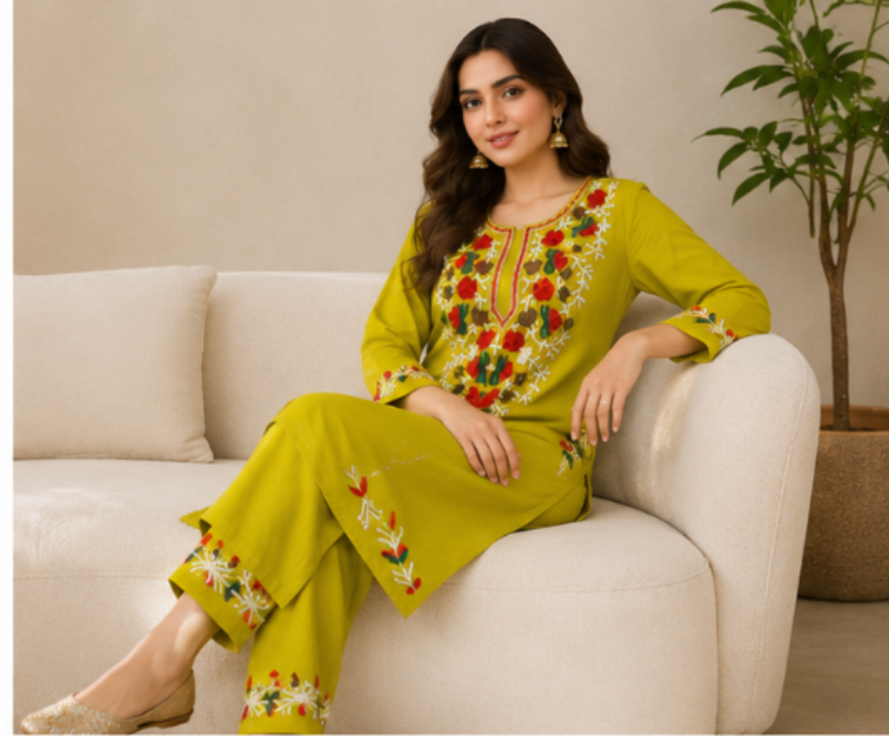 Women’s Lime Yellow Embroidered Cotton Kurta Pant Set | Elegant Ethnic Wear