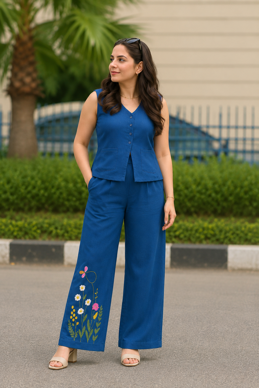 Blue 💙Elegant Floral Embroidered Co-Ord Set for Women | Sleeveless Top & Wide Leg Pants