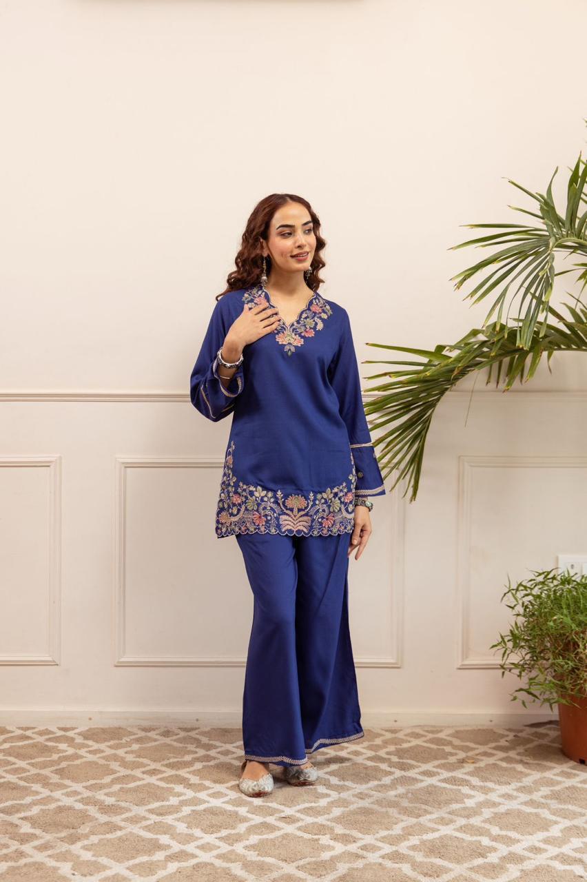 Royal Indigo Scalloped Floral Embroidered Co-ord Set
