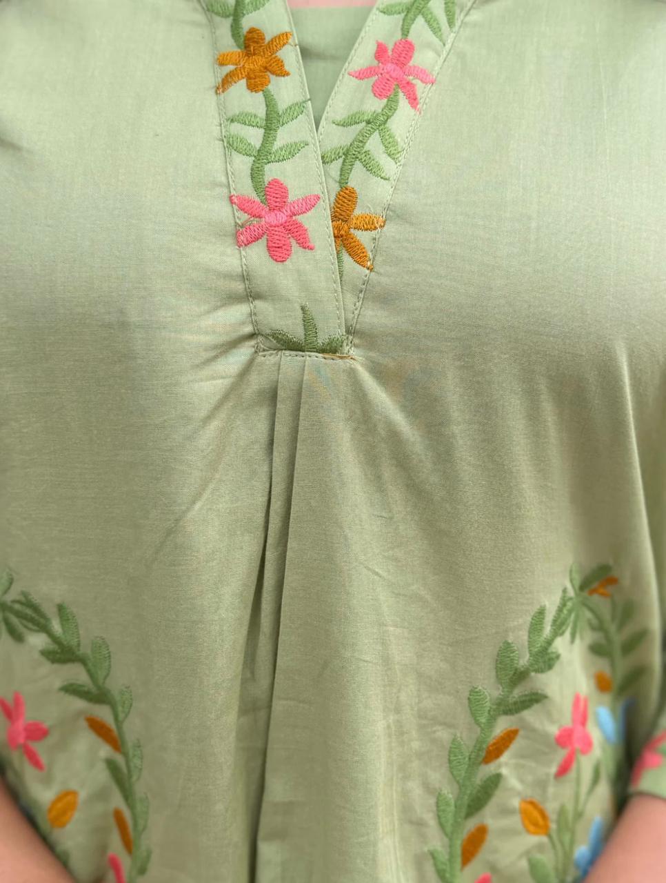 Premium Green 💚 Floral Embroidered Cotton Kurti for Women | Elegant Ethnic Daily Wear