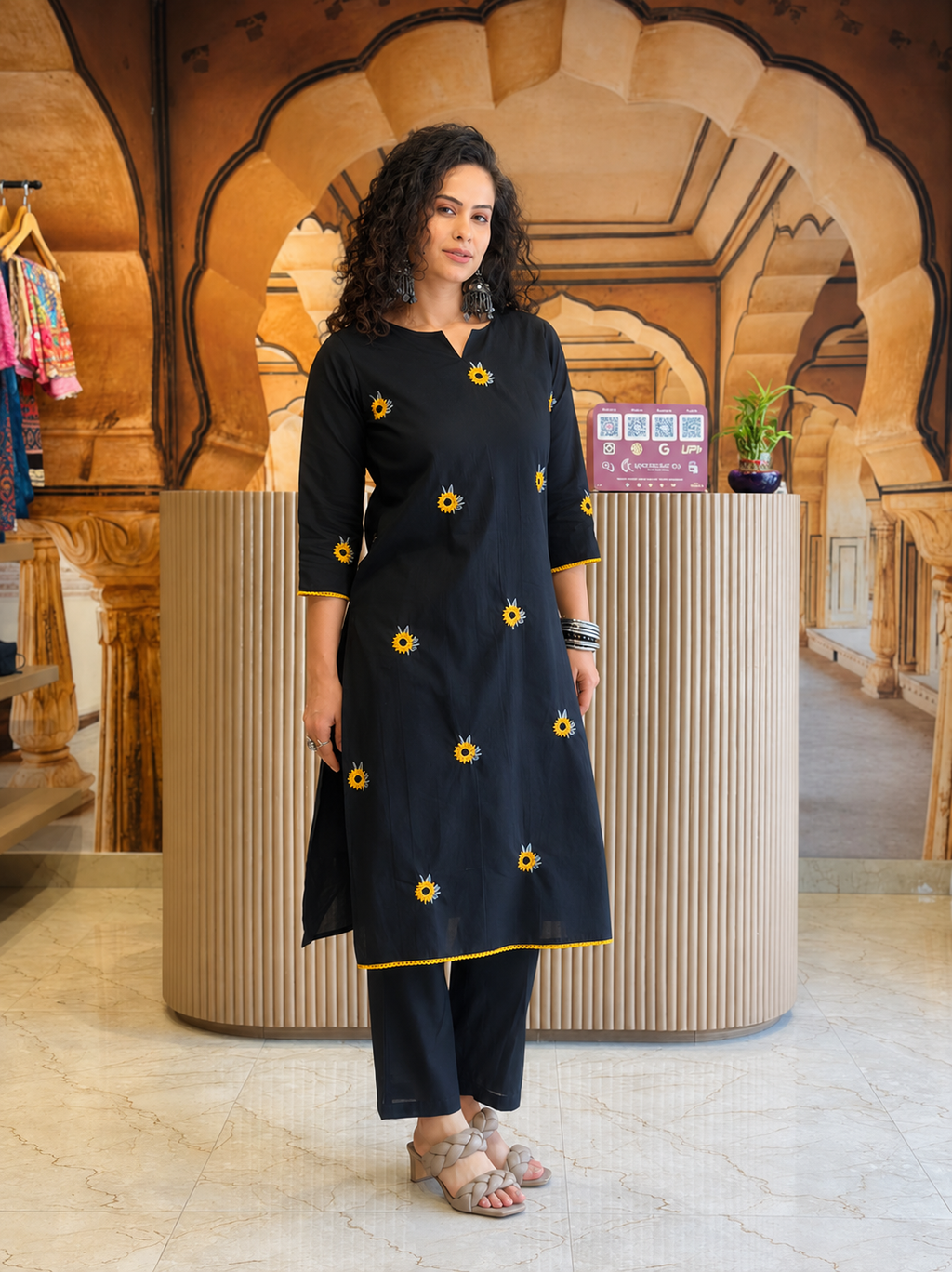 Elegant Black Sunflower Embroidered Kurta Palazzo Set 🌻✨