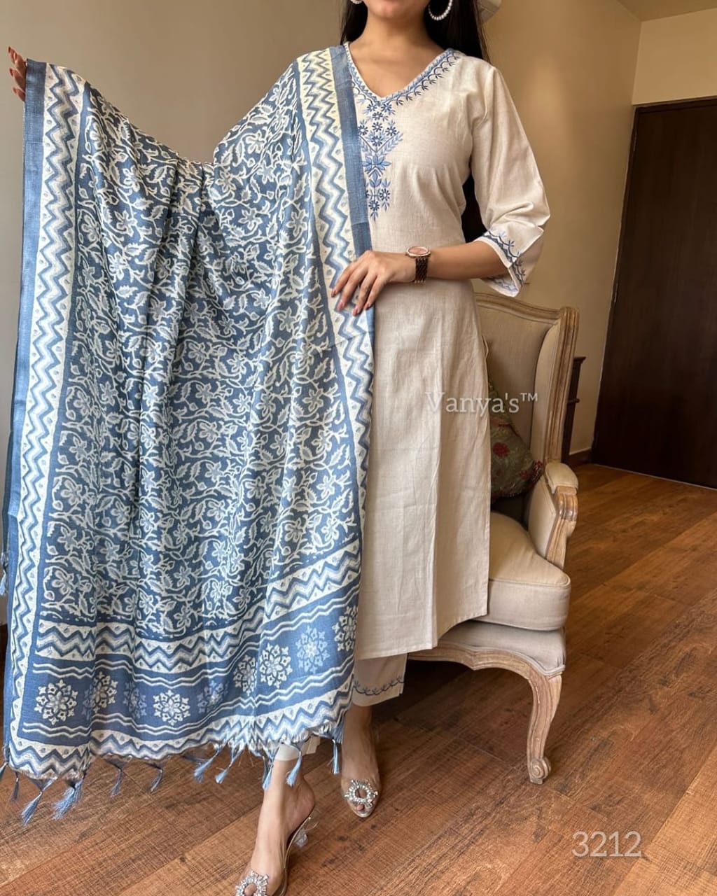 Off-White Cotton Kurta Set with Indigo Block Printed Dupatta