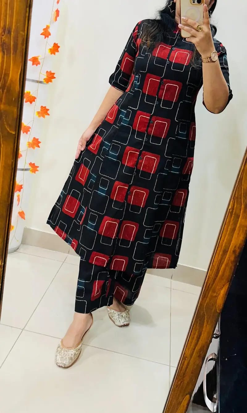 Premium Floral Fine Cotton Kurti Palazzo Co-ord Set ✨Black red