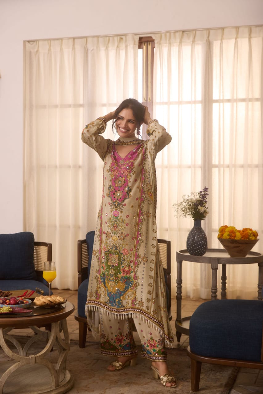 Noori Anarkali Premium Muslin Blend Palazzo Set with Double-Shade Dupatta & Complimentary Pearl Mala