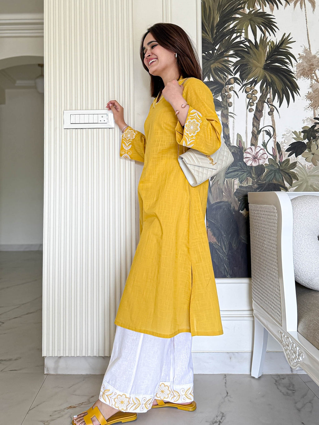 Mustard Yellow Textured Kurta with Embroidered Cuffs
