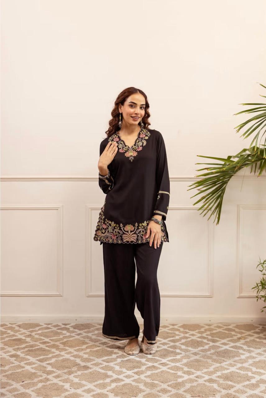 Black Scalloped Floral Embroidered Co-ord Set