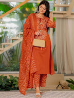 Elegant Orange Bandhani Print Kurta Pant Dupatta Set for Women | Festive Ethnic Wear Collection