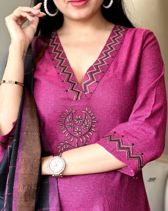 Premium Handloom Khadi Cotton Embroidered Suit Set with Dupatta