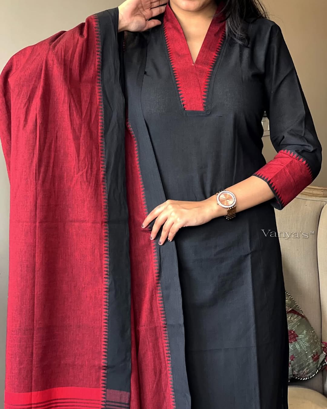 Premium Red and Black 🖤 South Cotton Handloom Kurti Set 🌸