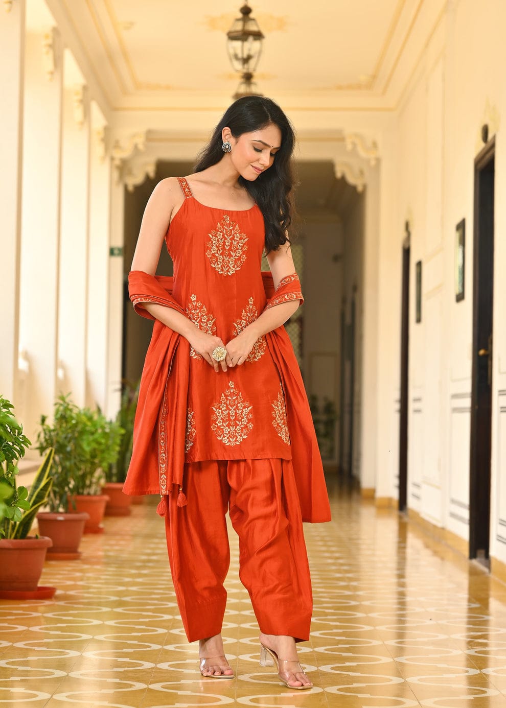 Premium Handwork Pearl & Dori Embroidered Kurti Set Orange