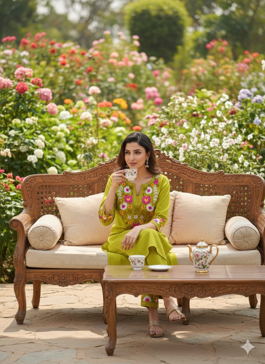 Elegant Green Floral Embroidered Kurti Pant Se