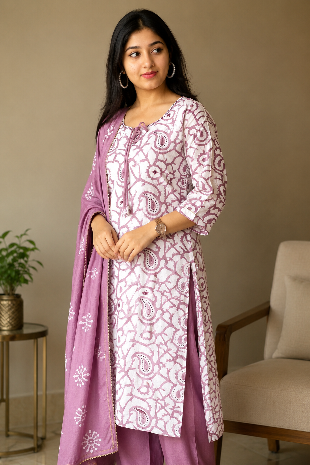 Pink Cotton Kuta Set  with Dupatta For Women