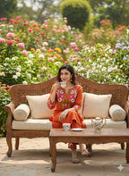 Elegant Rust Orange Floral Embroidered Kurti Pant Set