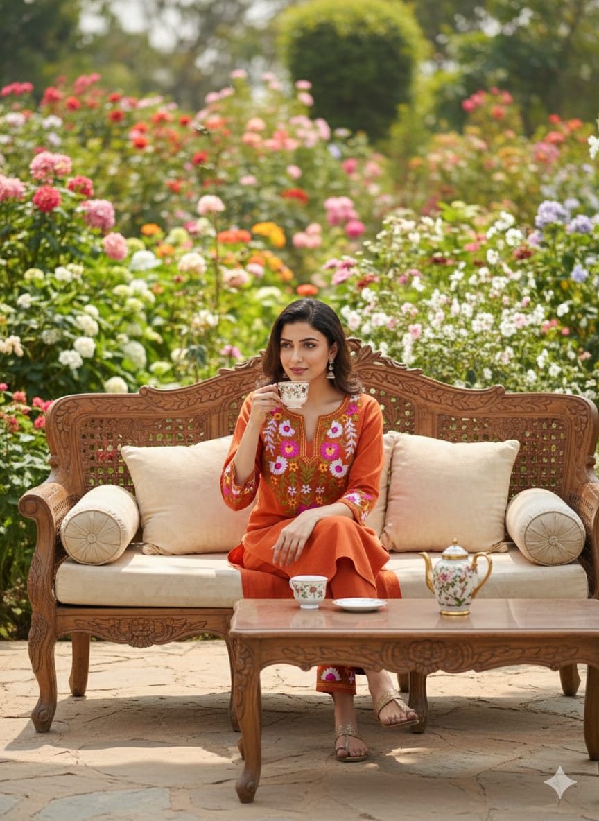 Elegant Rust Orange Floral Embroidered Kurti Pant Set
