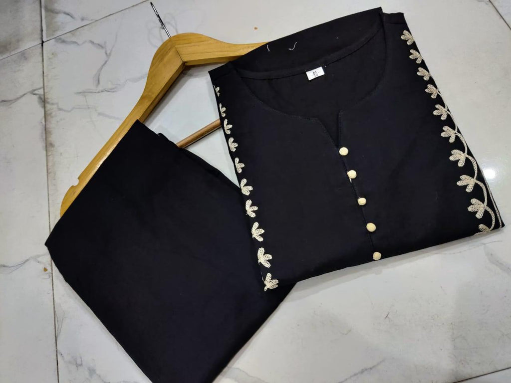 Women’s Black Embroidered Cotton Kurta Palazzo Set | Regular Fit Ethnic Wear