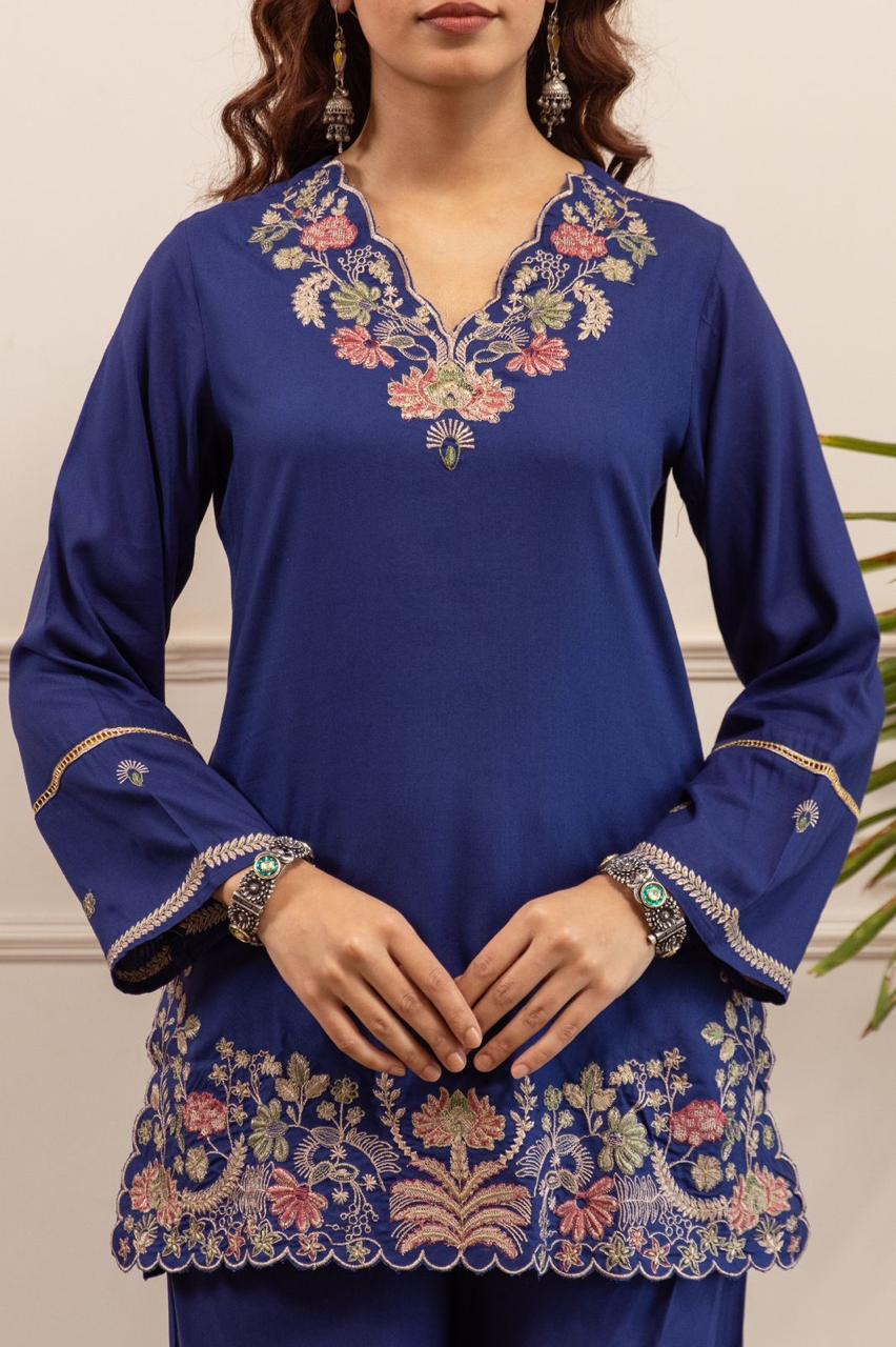 Royal Indigo Scalloped Floral Embroidered Co-ord Set