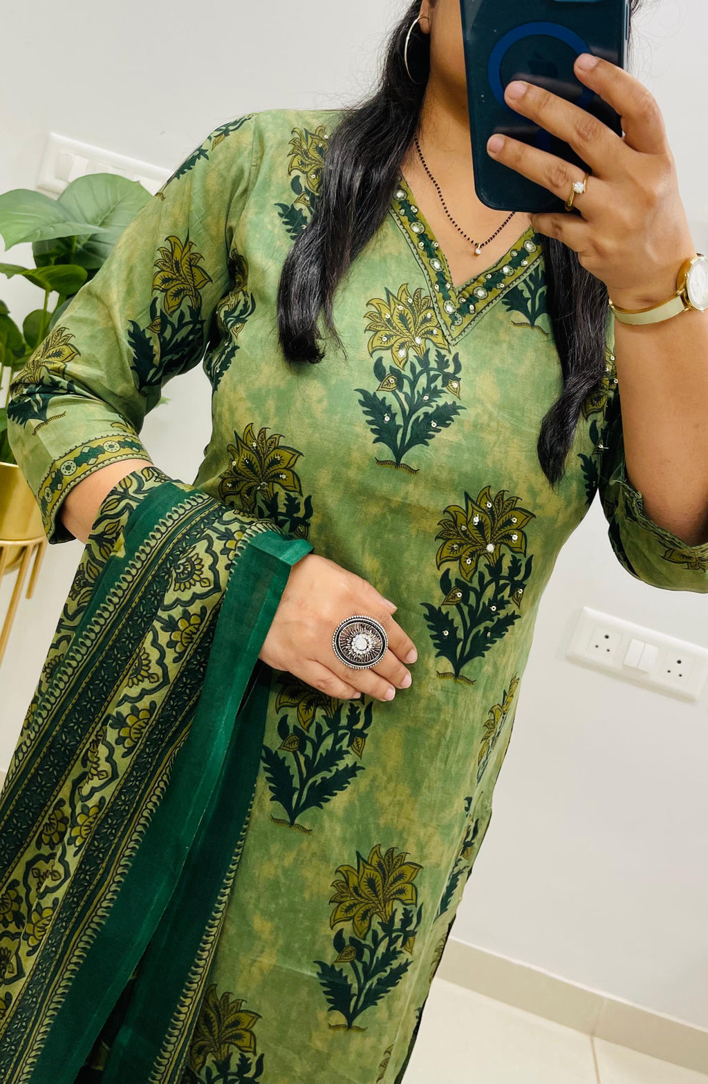 Women’s Mehendi Green Floral Printed Cotton Blend Kurta Dupatta Set | Ethnic Wear