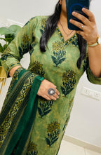 Women’s Mehendi Green Floral Printed Cotton Blend Kurta Dupatta Set | Ethnic Wear