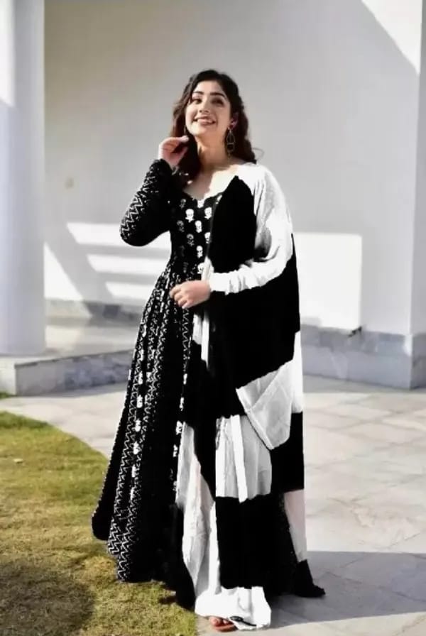 Black Premium Rayon Printed Long Anarkali Kurta Gown, Pant & Dupatta Set