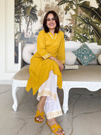 Mustard Yellow Textured Kurta with Embroidered Cuffs