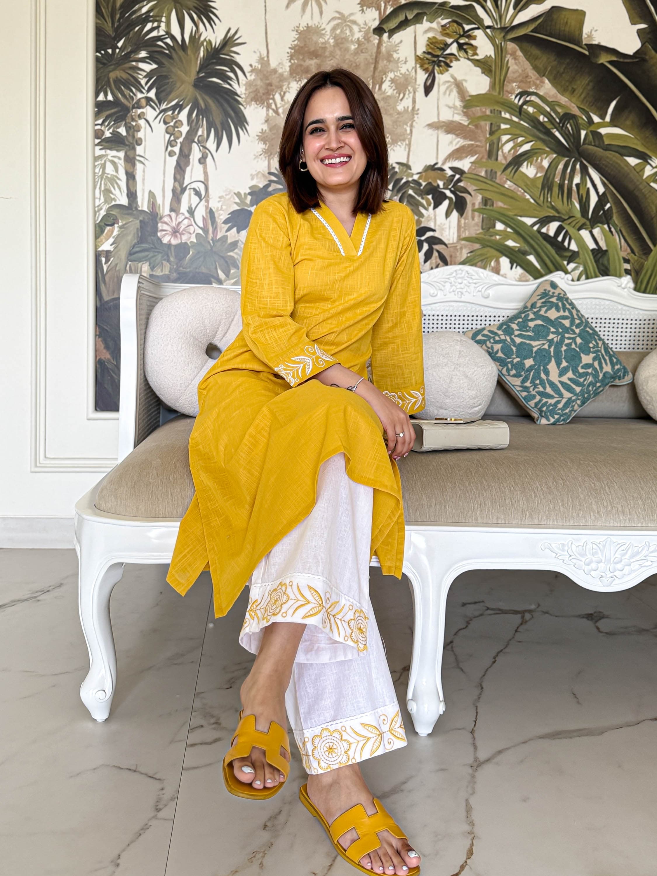 Mustard Yellow Textured Kurta with Embroidered Cuffs