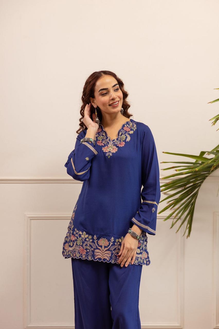 Royal Indigo Scalloped Floral Embroidered Co-ord Set