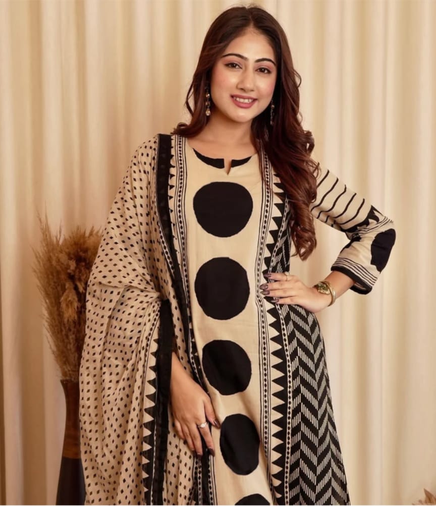 Women's Pure Cotton Abstract Printed Mirror Work kurta & Pant with Dupatta Set | Cotton Kurta Set For Woman
