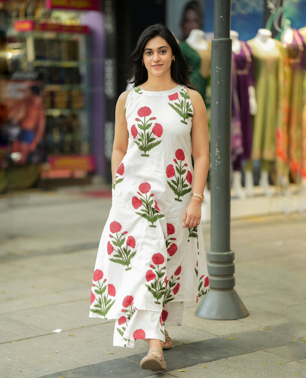 Premium Red Floral Cotton Flex Kurti Palazzo Set
